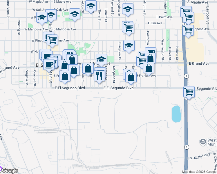 map of restaurants, bars, coffee shops, grocery stores, and more near 805 East El Segundo Boulevard in El Segundo