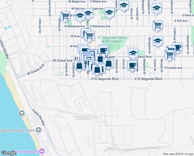 map of restaurants, bars, coffee shops, grocery stores, and more near 203 East El Segundo Boulevard in El Segundo