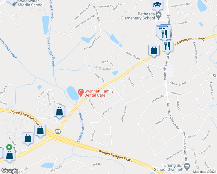 map of restaurants, bars, coffee shops, grocery stores, and more near 3431 Fernview Drive in Lawrenceville