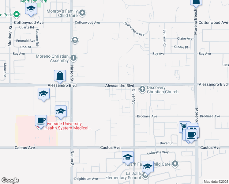 map of restaurants, bars, coffee shops, grocery stores, and more near 14039 Starlene Street in Moreno Valley