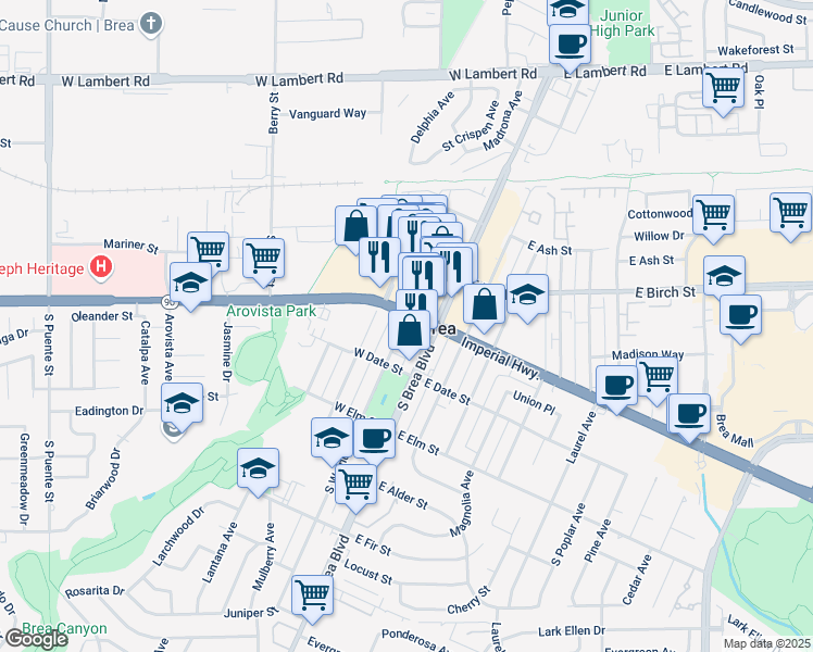 map of restaurants, bars, coffee shops, grocery stores, and more near 306 South Walnut Avenue in Brea