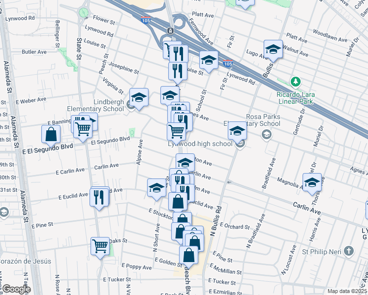 map of restaurants, bars, coffee shops, grocery stores, and more near 12212 Long Beach Boulevard in Lynwood
