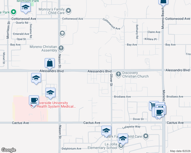 map of restaurants, bars, coffee shops, grocery stores, and more near 14039 Starlene Street in Moreno Valley