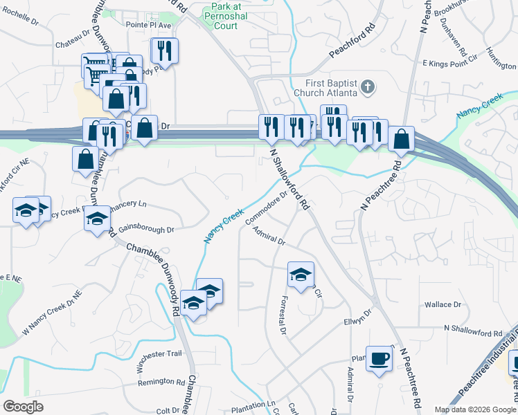 map of restaurants, bars, coffee shops, grocery stores, and more near 4186 Commodore Drive in Chamblee