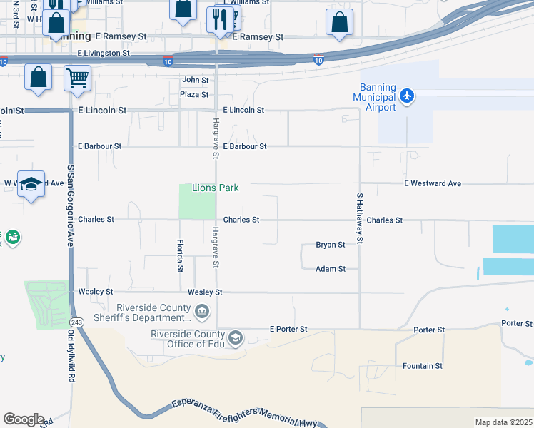 map of restaurants, bars, coffee shops, grocery stores, and more near 1113 Charles Street in Banning