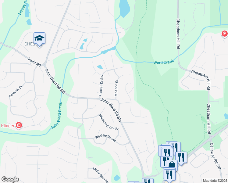 map of restaurants, bars, coffee shops, grocery stores, and more near 1493 McAdoo Drive in Marietta