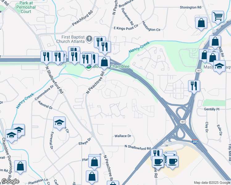 map of restaurants, bars, coffee shops, grocery stores, and more near 2314 Kaylen Drive in Chamblee