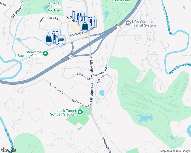 map of restaurants, bars, coffee shops, grocery stores, and more near 2215 South Milledge Avenue in Athens