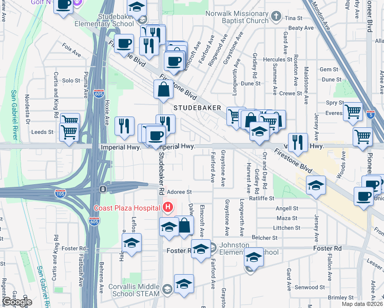 map of restaurants, bars, coffee shops, grocery stores, and more near 12701 Dalwood Avenue in Norwalk