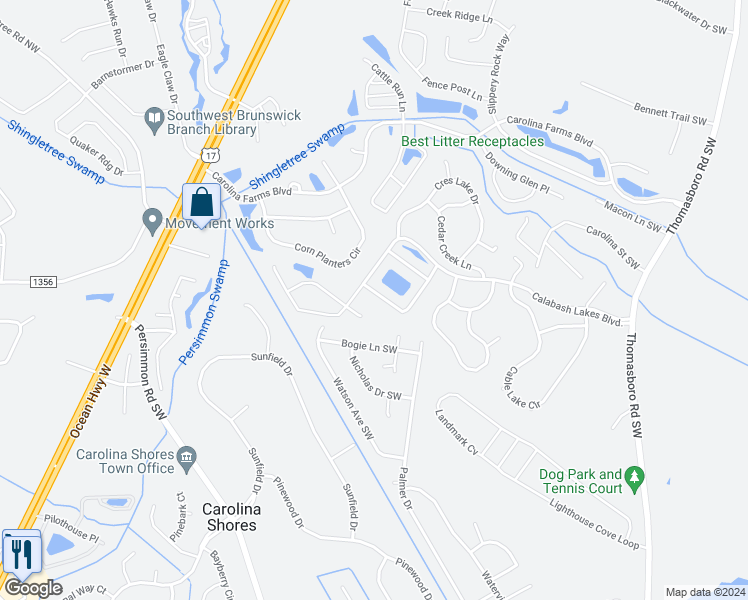 map of restaurants, bars, coffee shops, grocery stores, and more near 1991 Coleman Lake Drive in Calabash