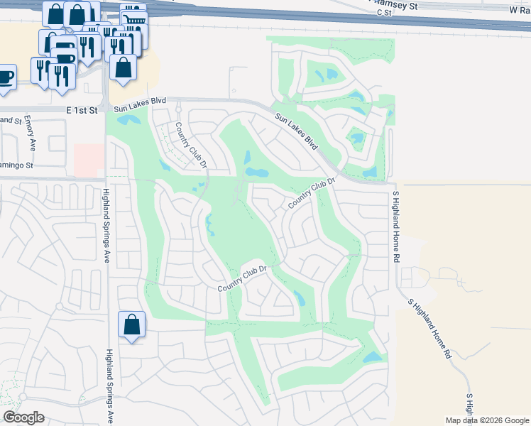 map of restaurants, bars, coffee shops, grocery stores, and more near 993 Casper Avenue in Banning