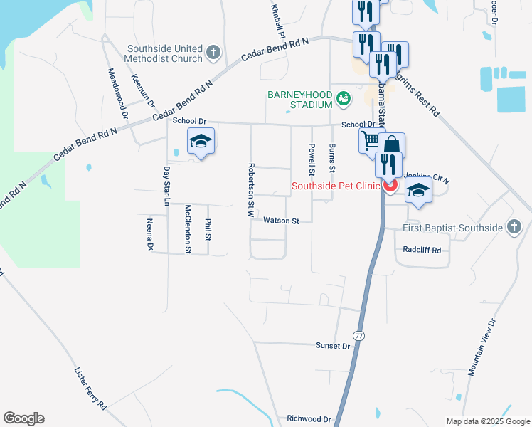 map of restaurants, bars, coffee shops, grocery stores, and more near 2593 Robertson Street West in Gadsden