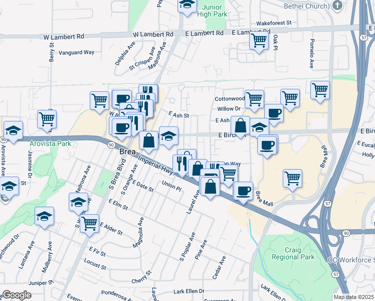 map of restaurants, bars, coffee shops, grocery stores, and more near 230 South Redwood Avenue in Brea