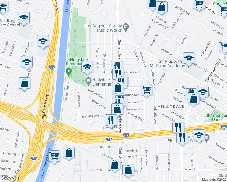 map of restaurants, bars, coffee shops, grocery stores, and more near 12112 Utah Avenue in South Gate