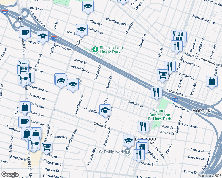 map of restaurants, bars, coffee shops, grocery stores, and more near 4120 Virginia Avenue in Lynwood