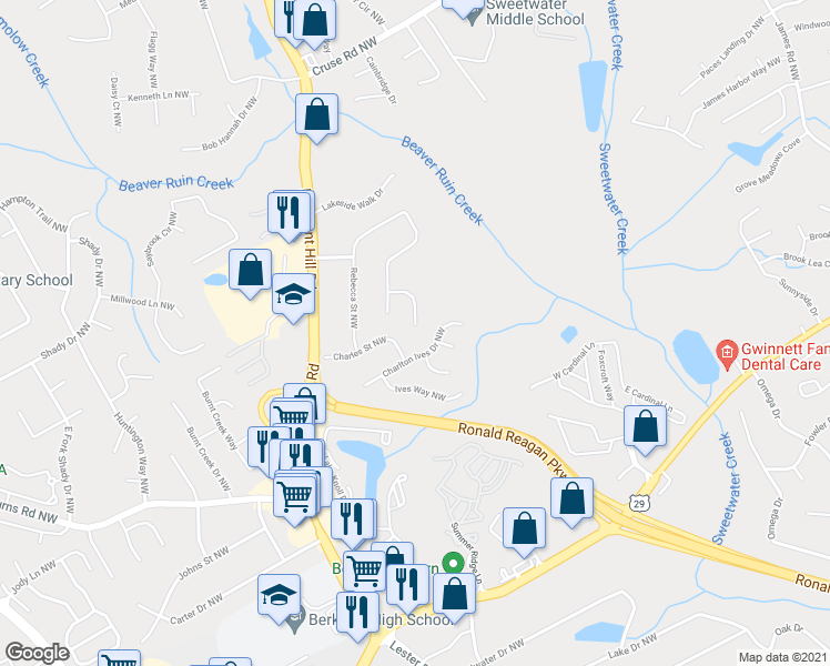 map of restaurants, bars, coffee shops, grocery stores, and more near 598 Rebecca Ives Drive Northwest in Lilburn