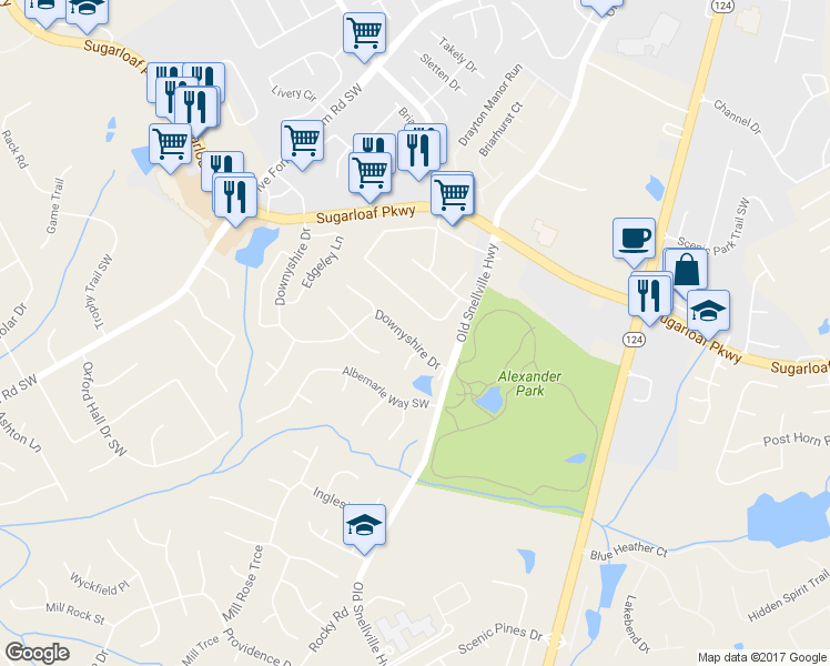 map of restaurants, bars, coffee shops, grocery stores, and more near 1220 Downyshire Drive in Lawrenceville