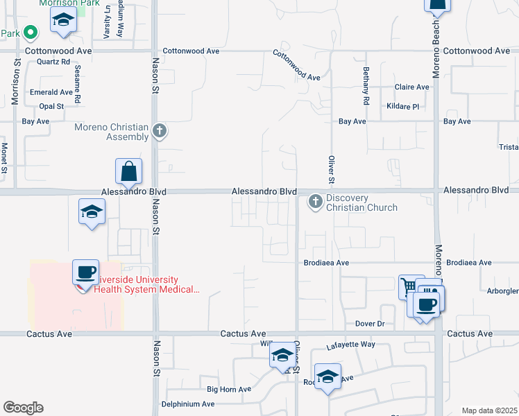 map of restaurants, bars, coffee shops, grocery stores, and more near 14042 Starlene Street in Moreno Valley
