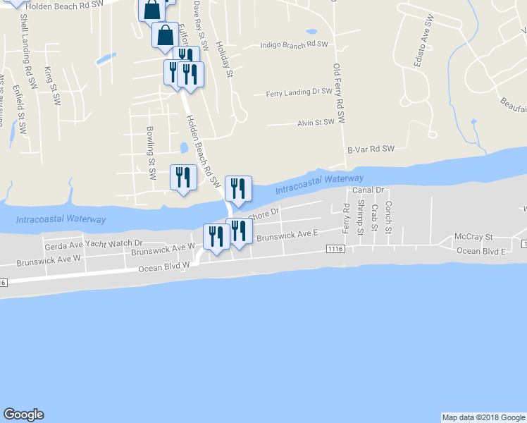 map of restaurants, bars, coffee shops, grocery stores, and more near 113 South Shore Drive in Holden Beach