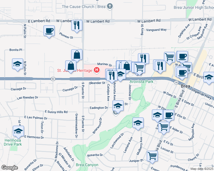 map of restaurants, bars, coffee shops, grocery stores, and more near 323 Catalpa Avenue in Brea