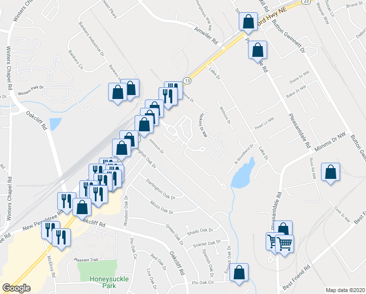 map of restaurants, bars, coffee shops, grocery stores, and more near 2576 Parkwood Cove Drive in Atlanta