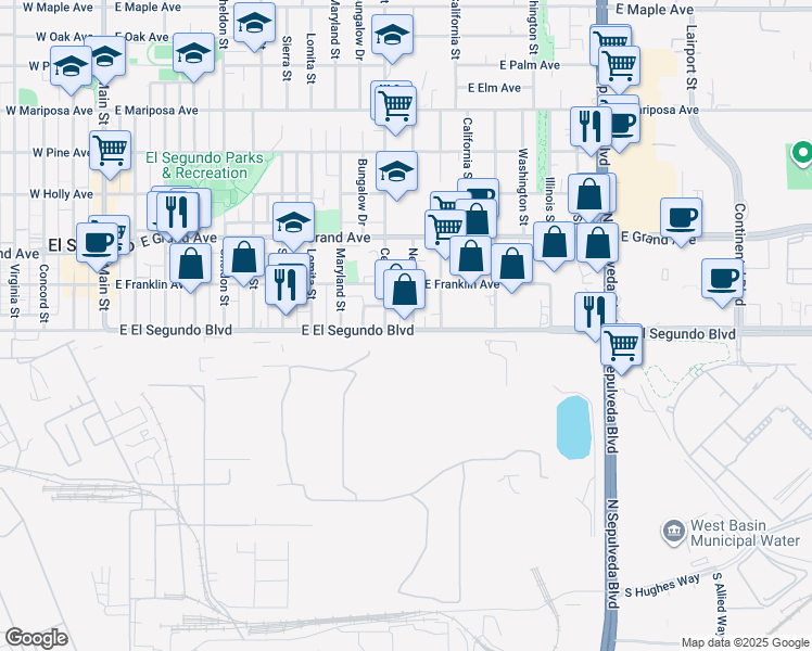 map of restaurants, bars, coffee shops, grocery stores, and more near 1121 East El Segundo Boulevard in El Segundo