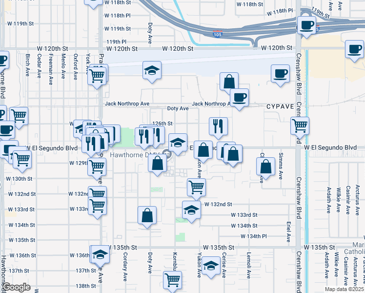 map of restaurants, bars, coffee shops, grocery stores, and more near 3643 West El Segundo Boulevard in Hawthorne