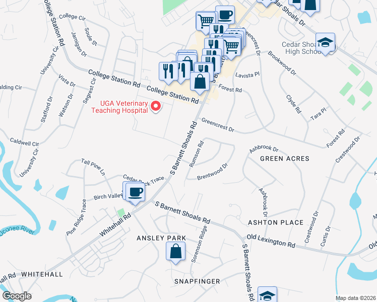 map of restaurants, bars, coffee shops, grocery stores, and more near 275 Rumson Road in Athens
