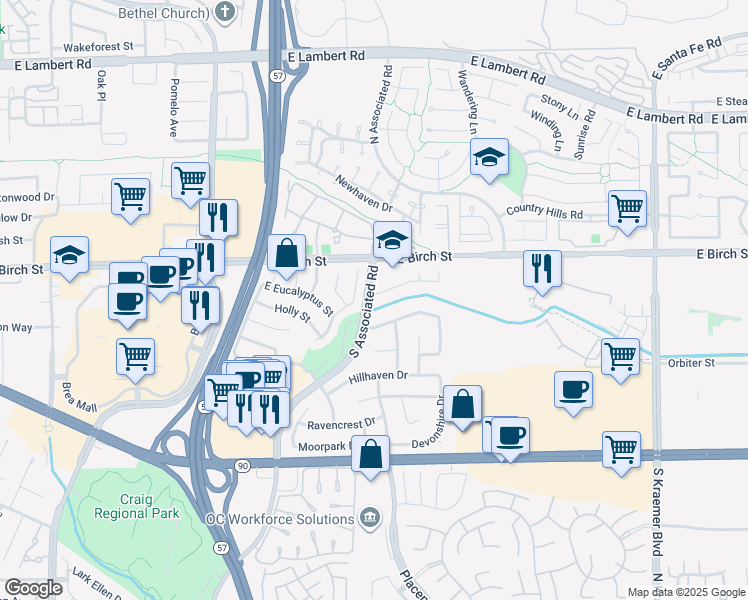 map of restaurants, bars, coffee shops, grocery stores, and more near 1902 East Eucalyptus Lane in Brea