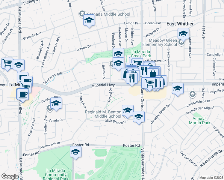 map of restaurants, bars, coffee shops, grocery stores, and more near 12604 Oxford Drive in La Mirada