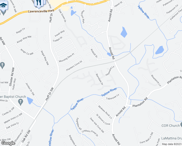 map of restaurants, bars, coffee shops, grocery stores, and more near 130 Rutherton Court in Lawrenceville