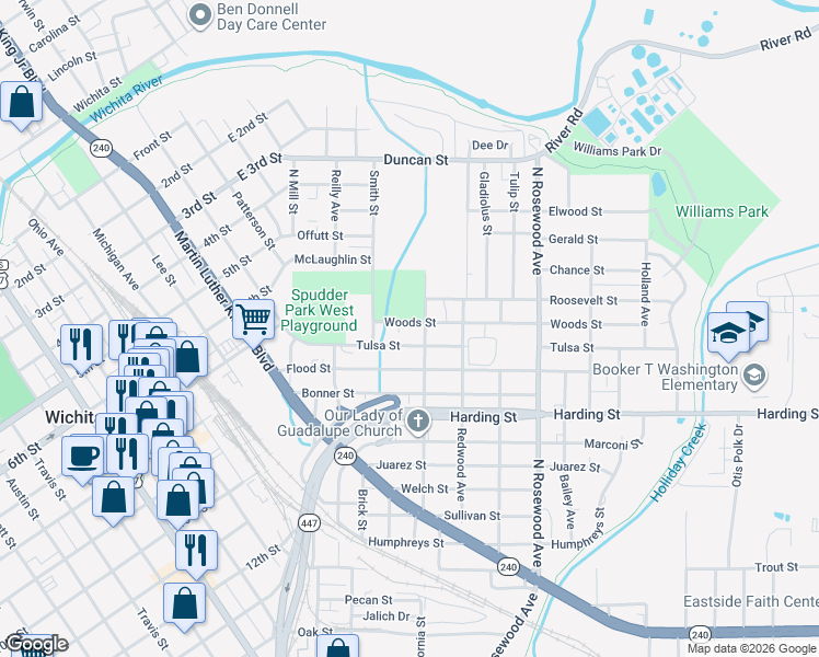 map of restaurants, bars, coffee shops, grocery stores, and more near 419 Woods Street in Wichita Falls