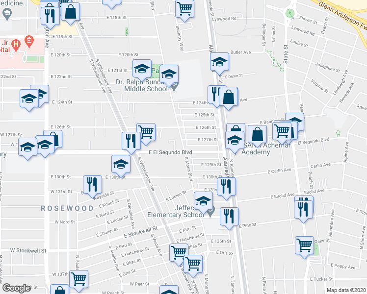 map of restaurants, bars, coffee shops, grocery stores, and more near 12716 S Mona Blvd in Compton