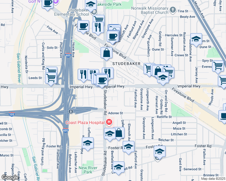 map of restaurants, bars, coffee shops, grocery stores, and more near 11026 Imperial Highway in Norwalk
