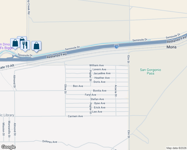 map of restaurants, bars, coffee shops, grocery stores, and more near Jacueline Avenue in Cabazon
