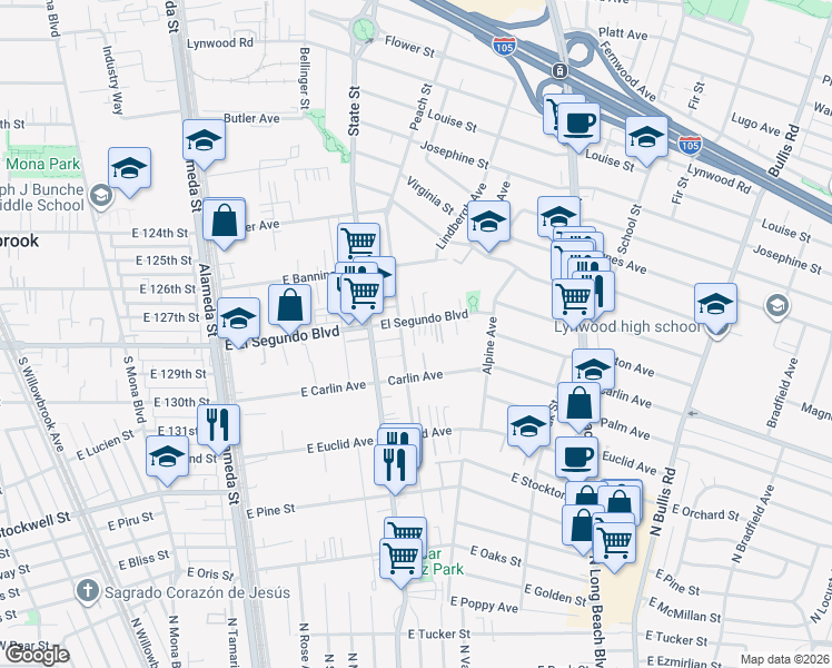 map of restaurants, bars, coffee shops, grocery stores, and more near 3148 El Segundo Boulevard in Lynwood