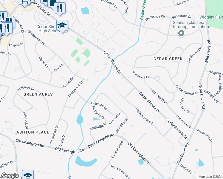 map of restaurants, bars, coffee shops, grocery stores, and more near 117 Highland Park Drive in Athens