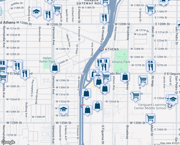 map of restaurants, bars, coffee shops, grocery stores, and more near 579 West El Segundo Boulevard in Los Angeles
