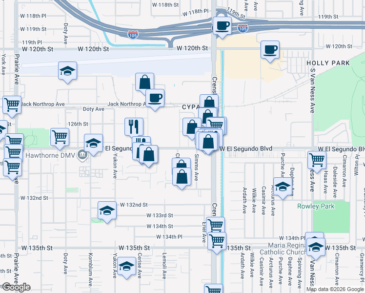map of restaurants, bars, coffee shops, grocery stores, and more near 3157 West El Segundo Boulevard in Hawthorne