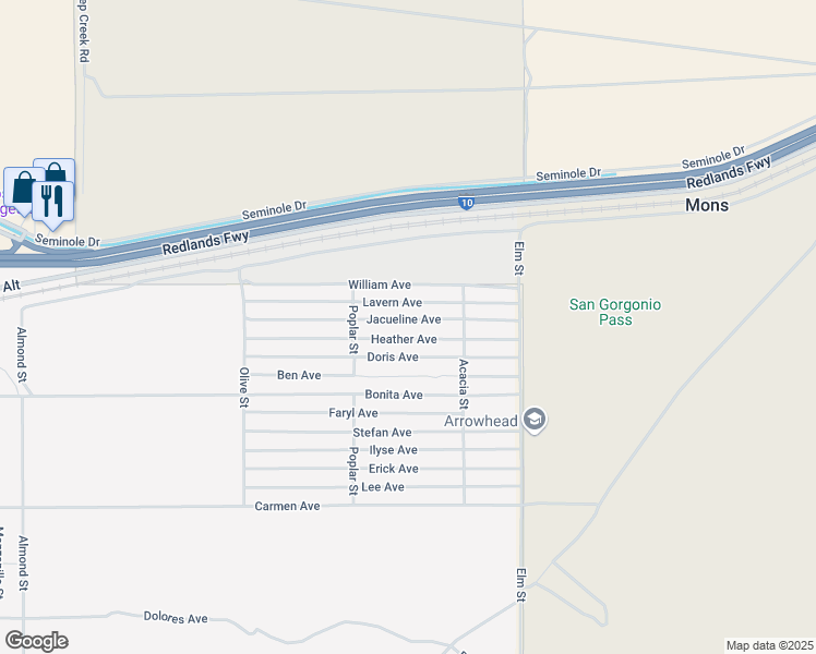 map of restaurants, bars, coffee shops, grocery stores, and more near Jacueline Avenue in Cabazon