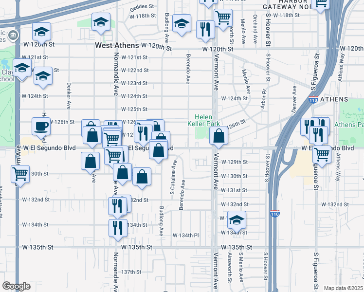 map of restaurants, bars, coffee shops, grocery stores, and more near 1111 West El Segundo Boulevard in Gardena
