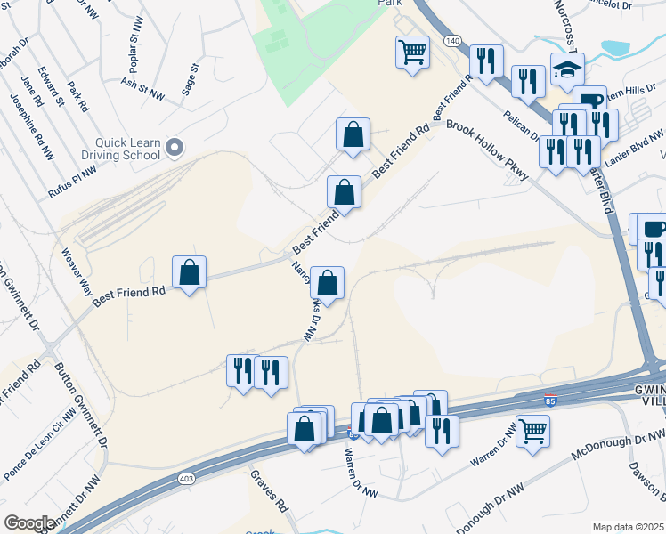map of restaurants, bars, coffee shops, grocery stores, and more near 6448 Best Friend Road in Norcross