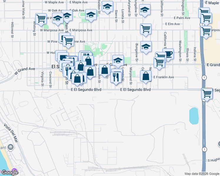 map of restaurants, bars, coffee shops, grocery stores, and more near in El Segundo