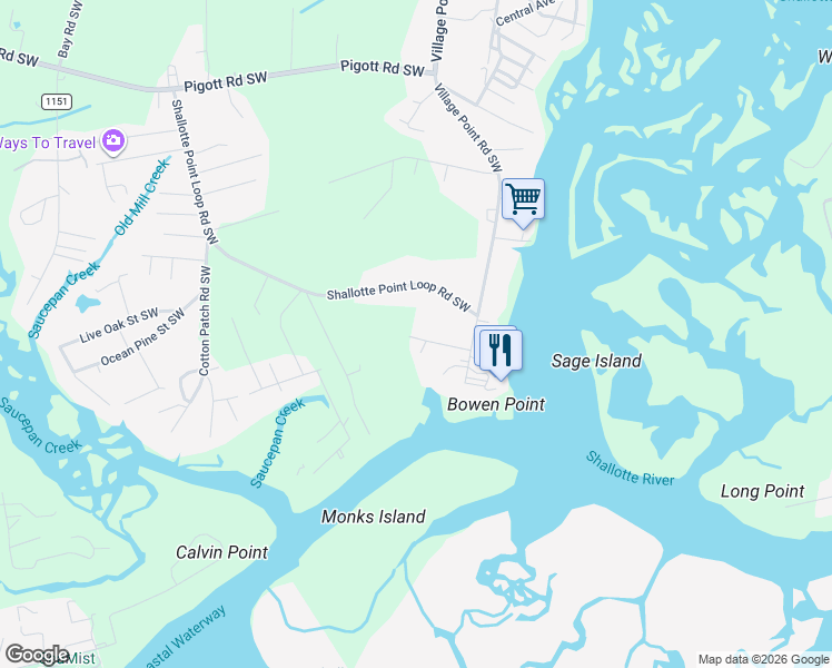map of restaurants, bars, coffee shops, grocery stores, and more near 4160 Harrison Road Southwest in Shallotte
