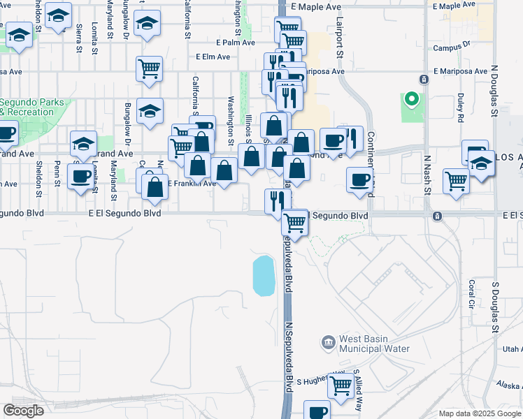 map of restaurants, bars, coffee shops, grocery stores, and more near 101 North Sepulveda Boulevard in El Segundo
