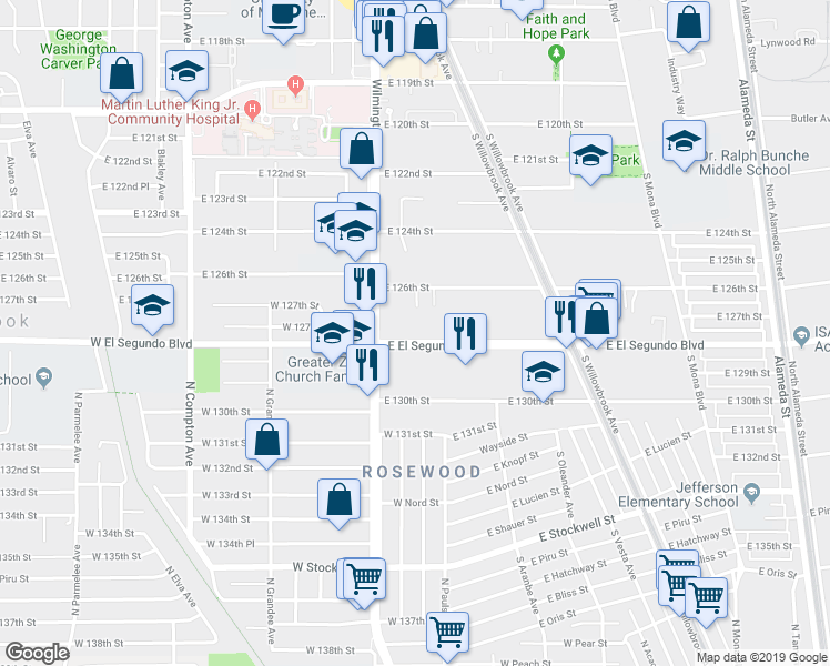 map of restaurants, bars, coffee shops, grocery stores, and more near 1941 East El Segundo Boulevard in Compton