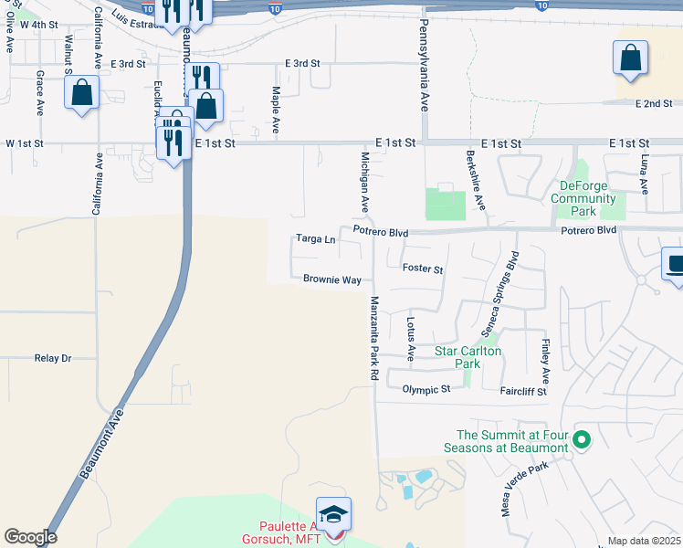 map of restaurants, bars, coffee shops, grocery stores, and more near 912 Brownie Way in Beaumont
