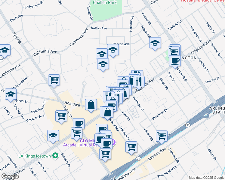 map of restaurants, bars, coffee shops, grocery stores, and more near 3886 Dawes Street in Riverside