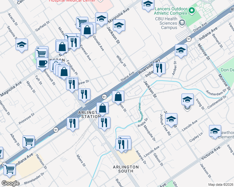 map of restaurants, bars, coffee shops, grocery stores, and more near 9305 Indiana Avenue in Riverside