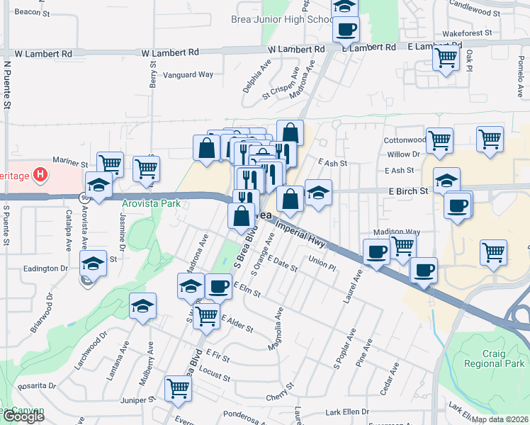map of restaurants, bars, coffee shops, grocery stores, and more near in Brea